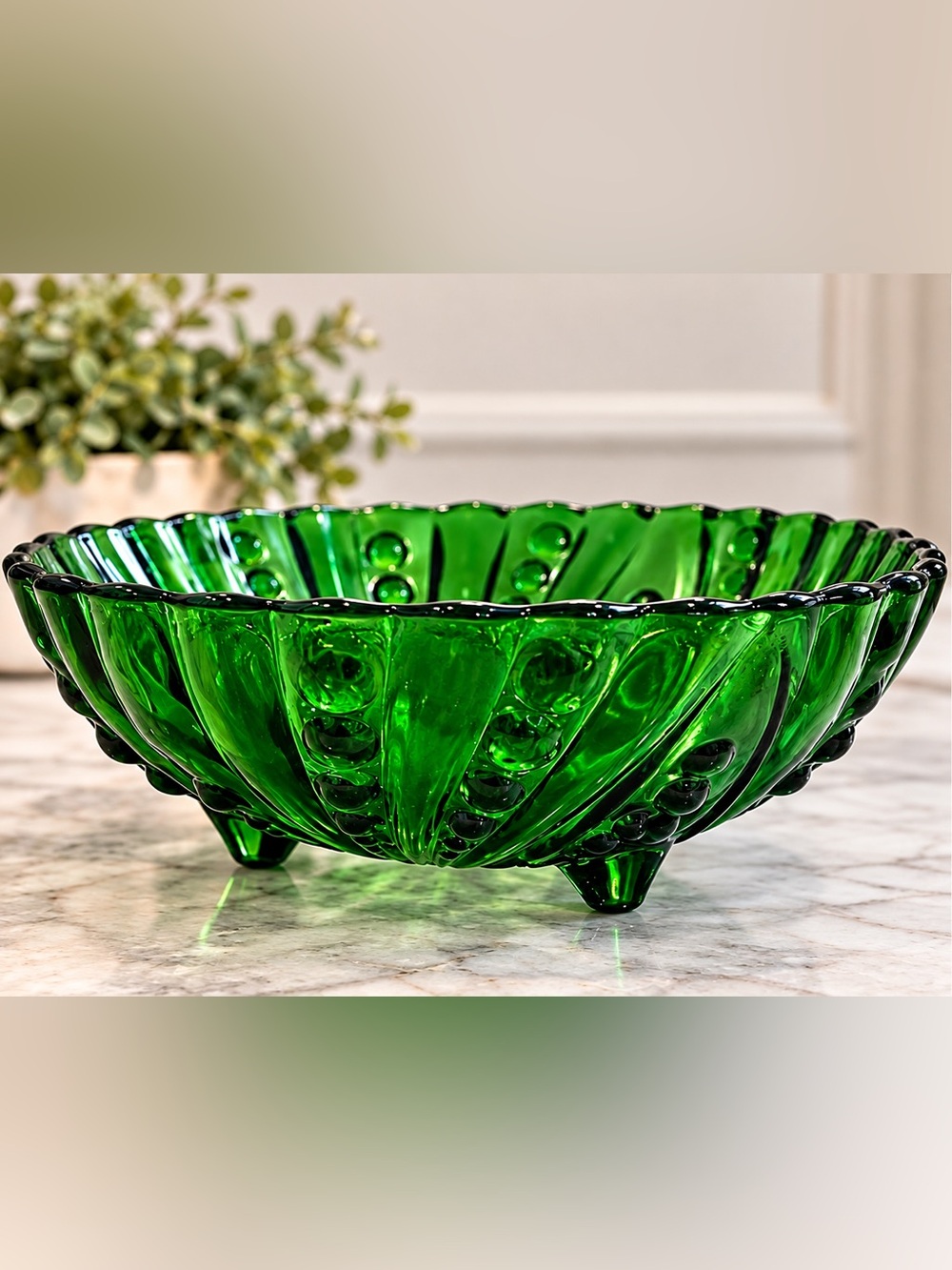 Vintage 1950s Anchor Hocking Burple Inspiration Green Footed Bowl 8.5”